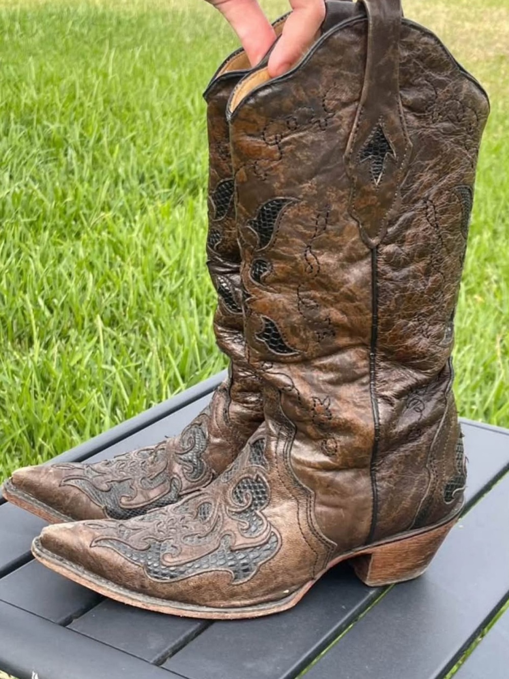 Distressed Brown Leather Western Cowboy Boots with Black Inlay